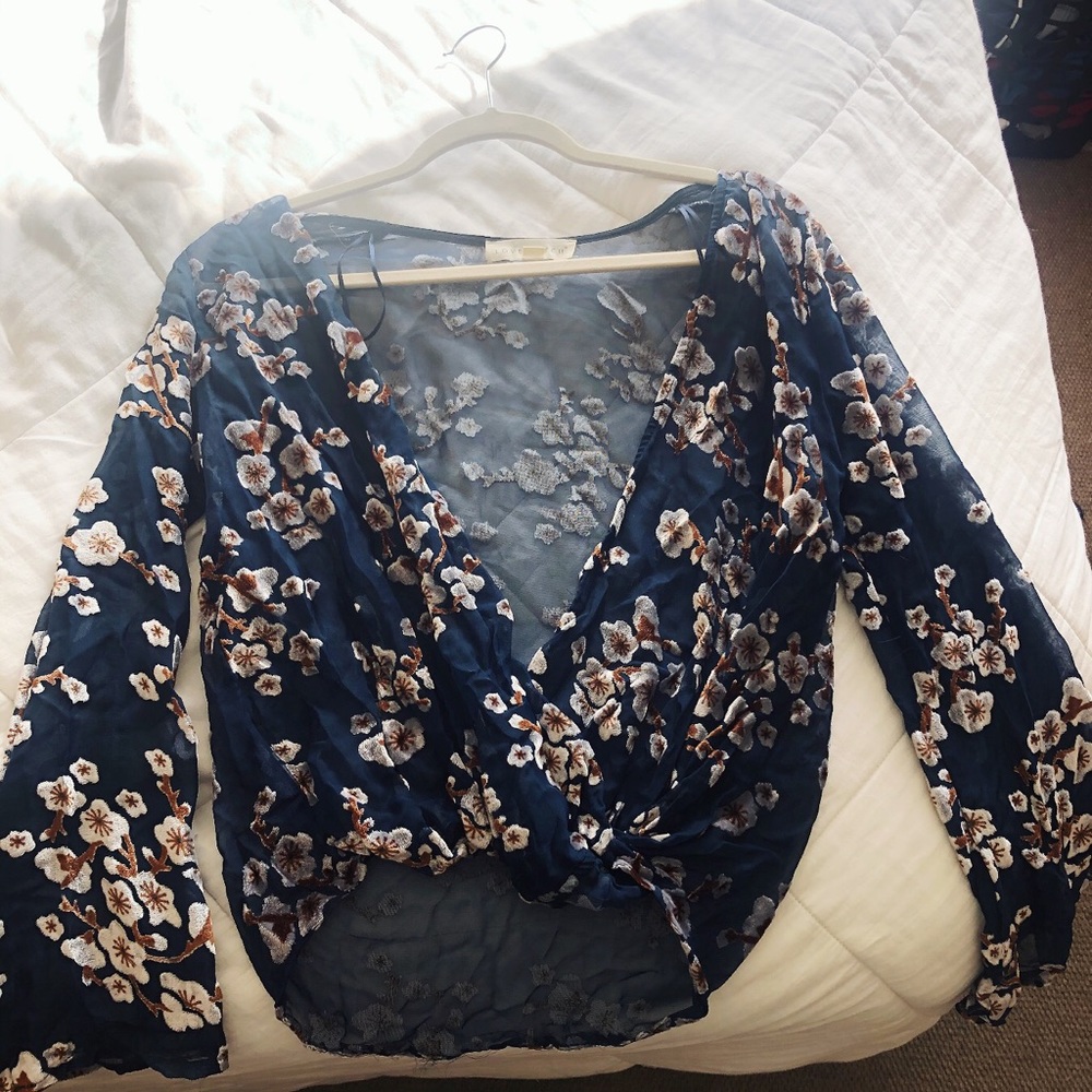 Lovestitch Floral Embroidered Surplice Top-Small